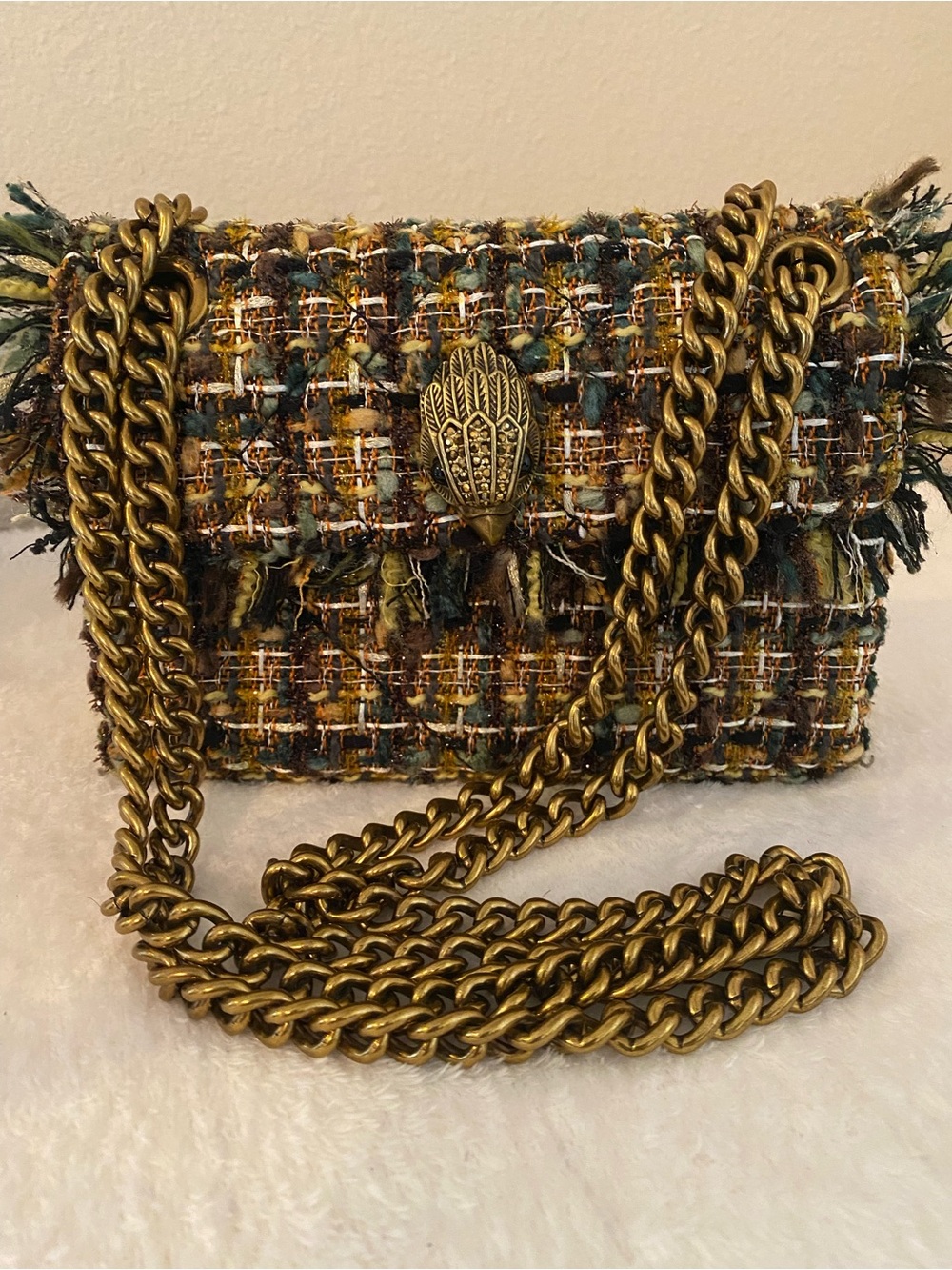 Kurt Geiger London Mini Kensington Tweed Crossbody Bag Green Gold Multi Color